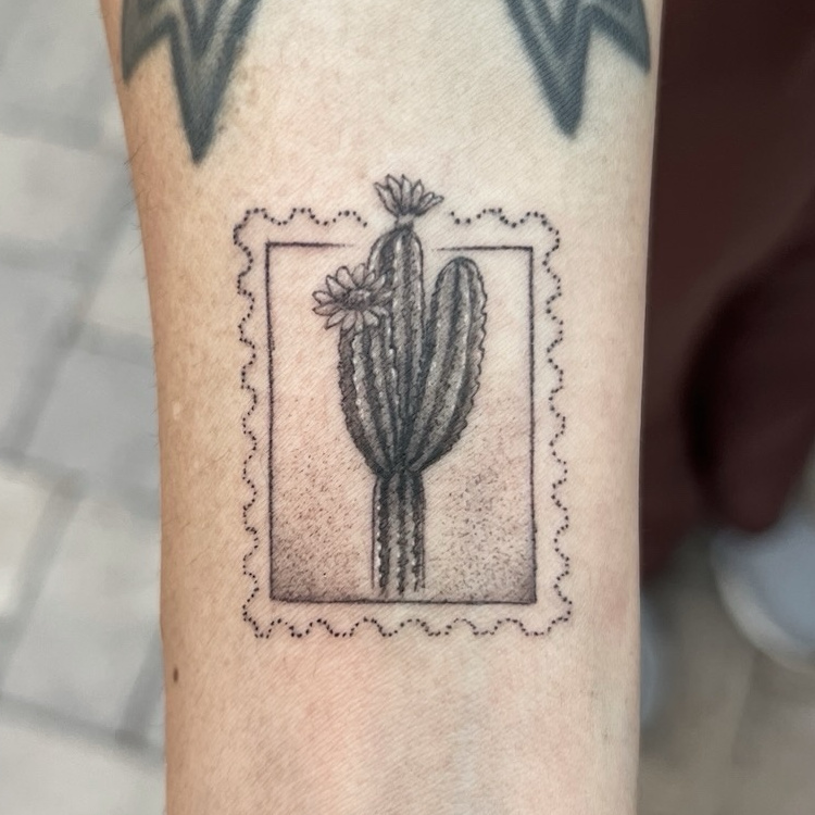 Fine-line saguaro cactus tattoo with decorative stamp border on inner forearm